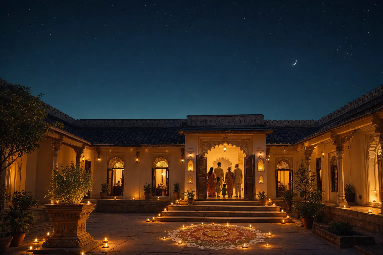 An Indian home at dusk: lamps on the courtyard steps, a rangoli, and a family in the lit doorway under a starry sky