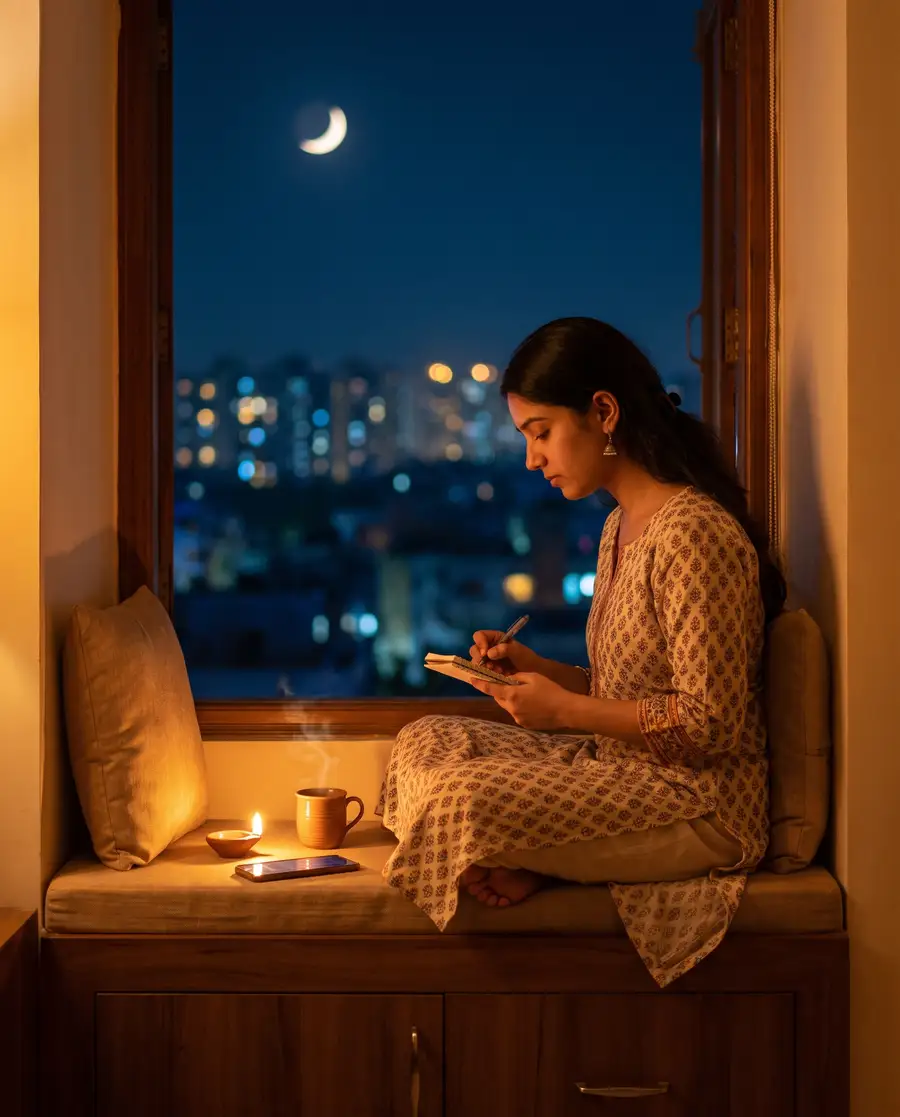 A woman writing in a notebook by a window at night