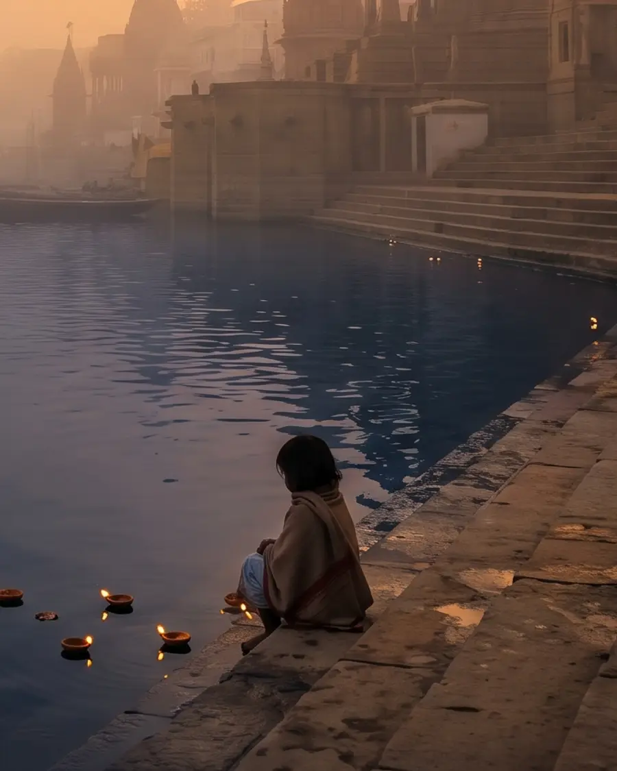 A small child sitting at the water's edge on the ghats of Kashi at dawn, with lamps floating on the river